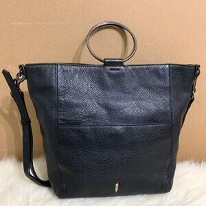 THACKER New York Black Pebbled Leather Large LEIGH Circle Bag Ring Tote XBody